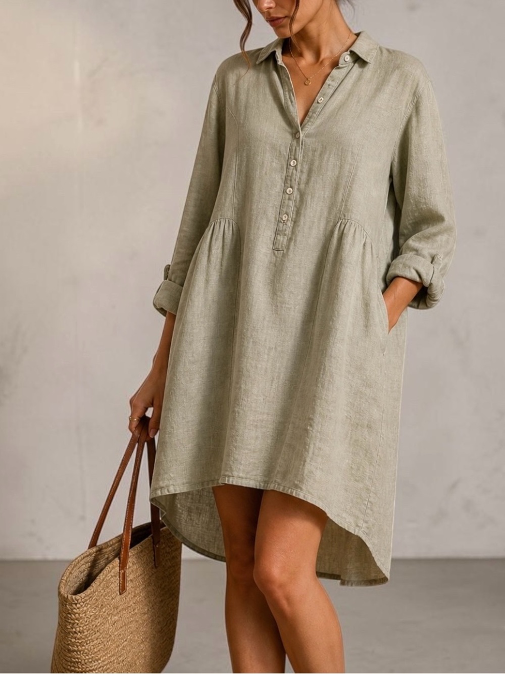 Halston Linen Shirt Dress Tunic Beige Long Sleeve Size M